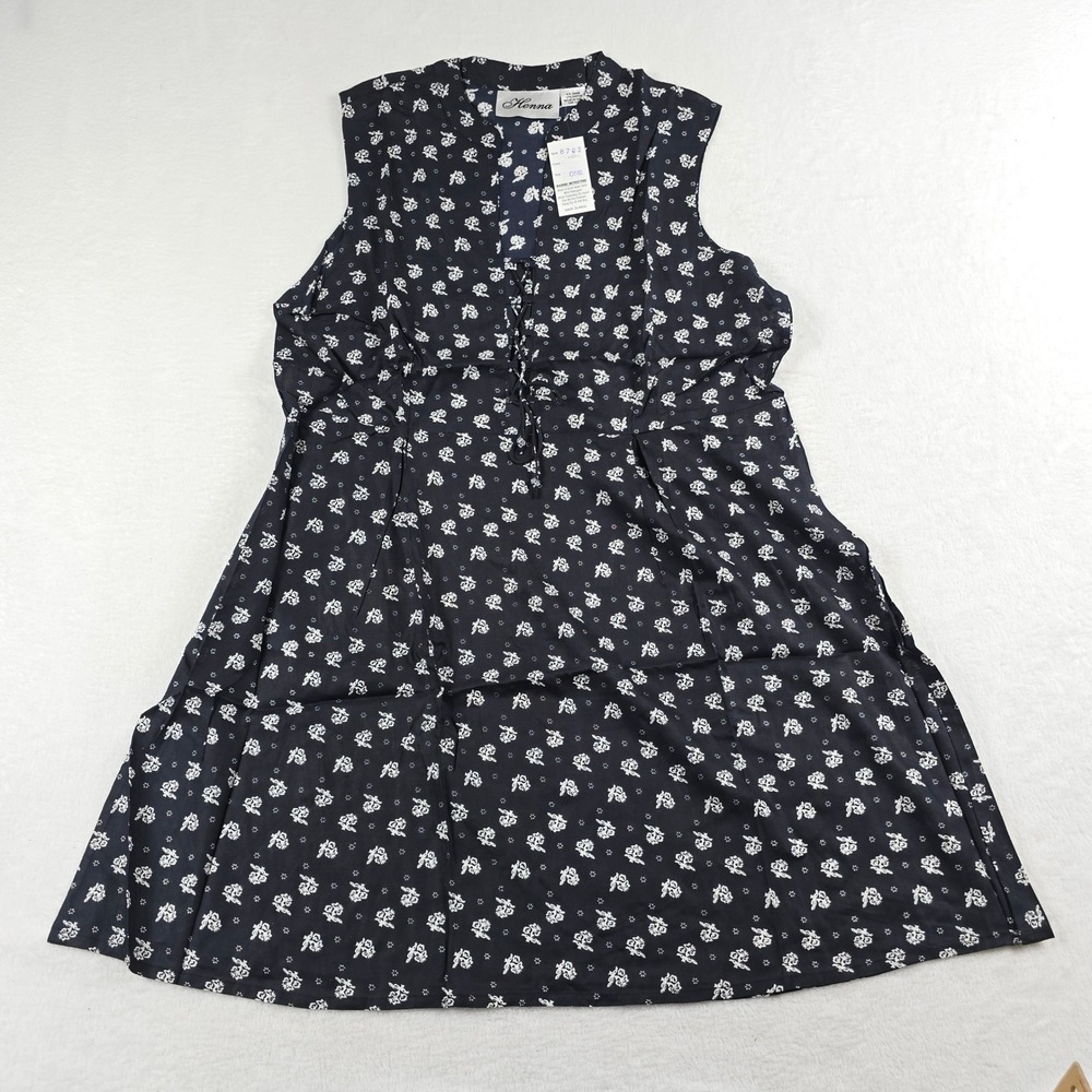 Henna Women Black and White Floral Lace Up Sleeveless Rayon Dress One Size NWT